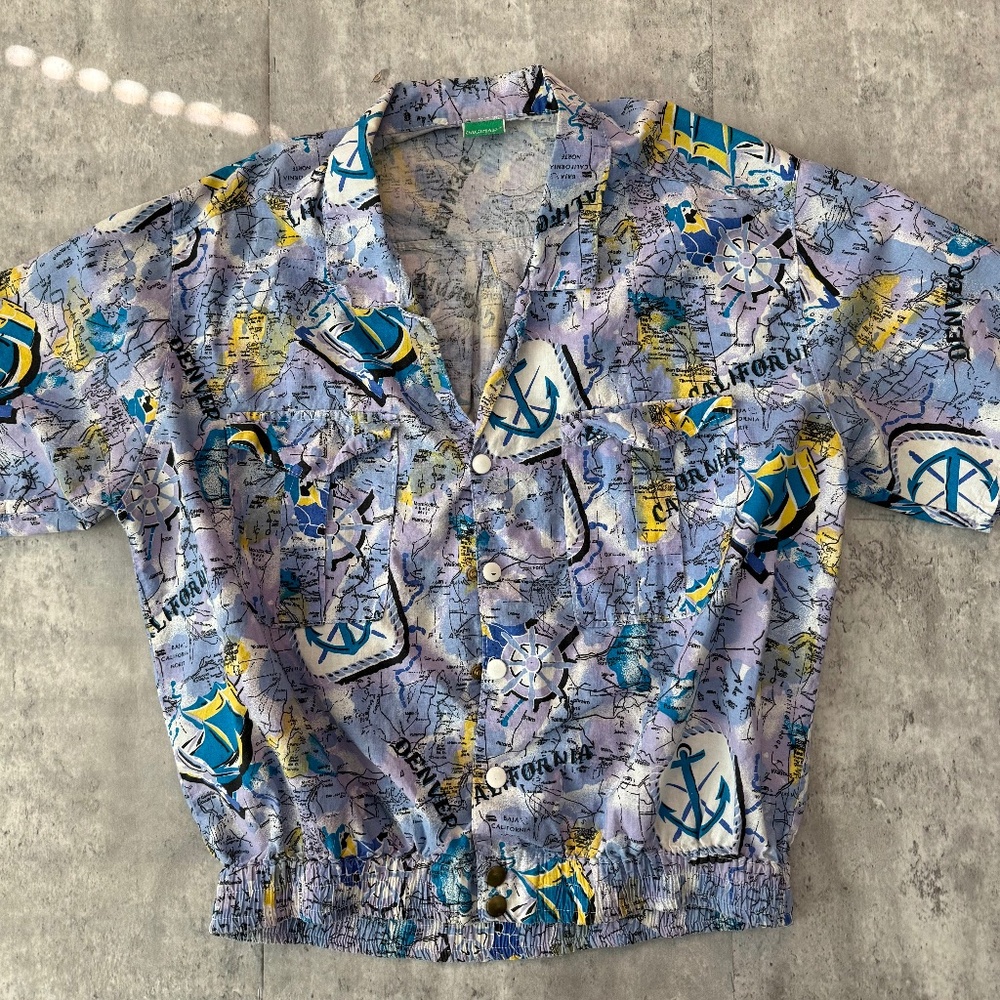 Vintage Map Shirt Boxy All Over Print Graphic 90s Womens M Funky